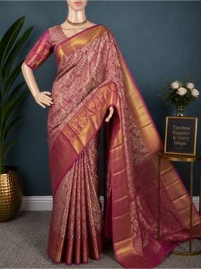Brand new Elegant Magenta and Gold Woven Saree with stitched blouse (34” - 42”)